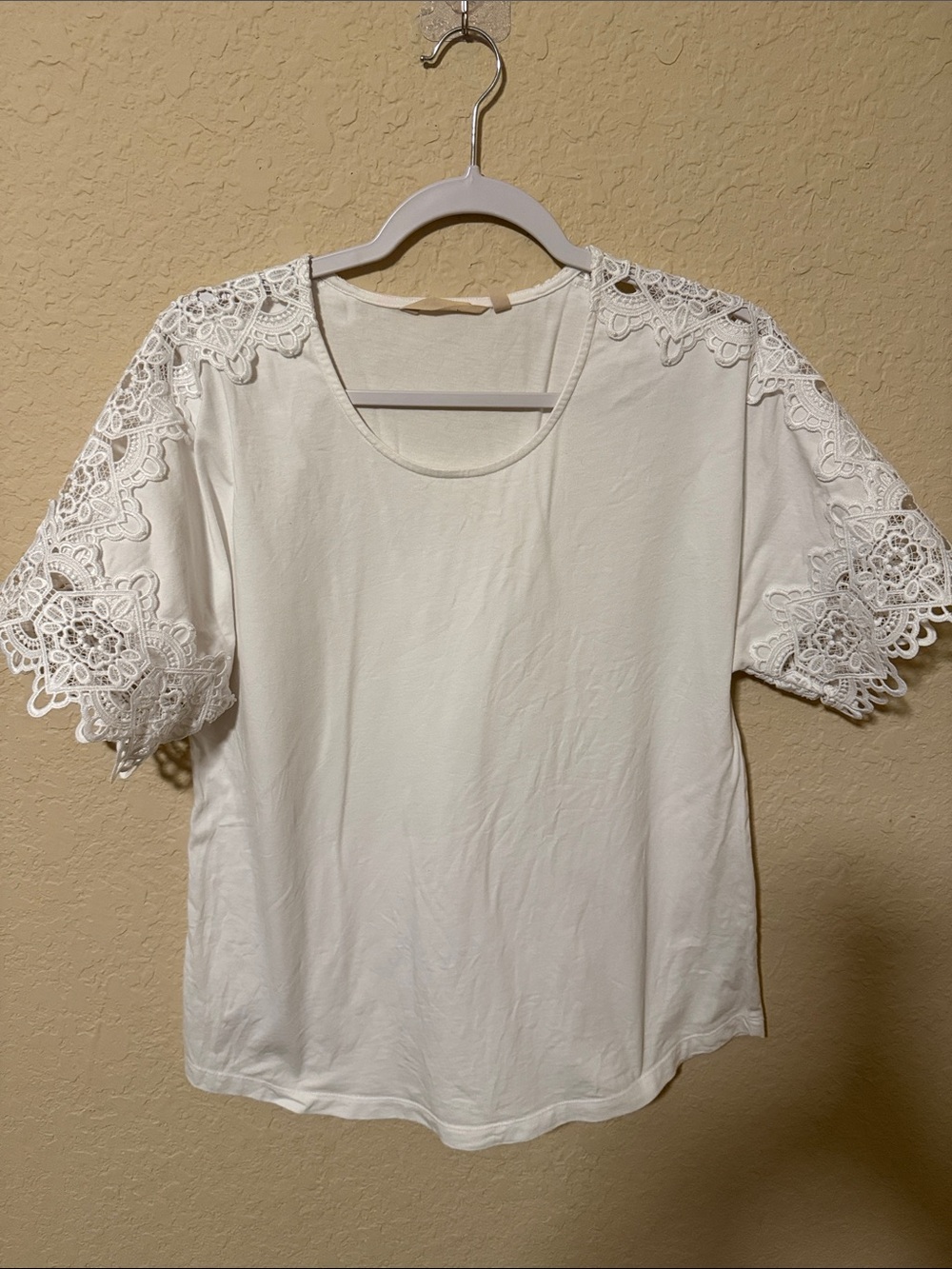 Soft Surroundings Women's White Lace Sleeve Knit Top oversized small